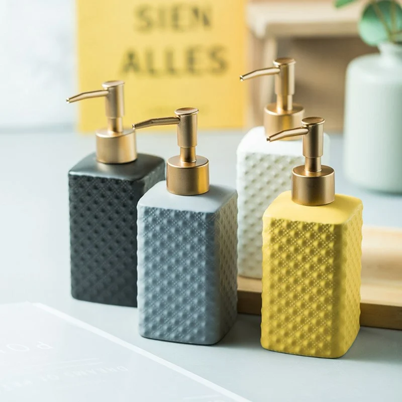 350ml Badezimmer nachfüllbare Keramik-Spender Flasche Handseife Duschgel Shampoo Lotion Pumpflasche - Gelb