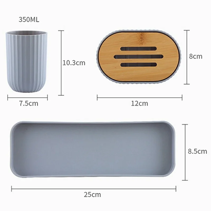 Set de 5 Piezas para Baño: Accesorios de Bambú y Plástico - Portacepillos, Vaso de Enjuague, Jabonera, Dispensador de Loción con Bandeja - Gris
