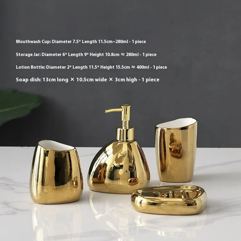 4Pcs / Set Ceramic Bathroom Accessories Toothbrush Holder Lotion Dispenser Bottle Rinsing Cup Soap Dish - Gold