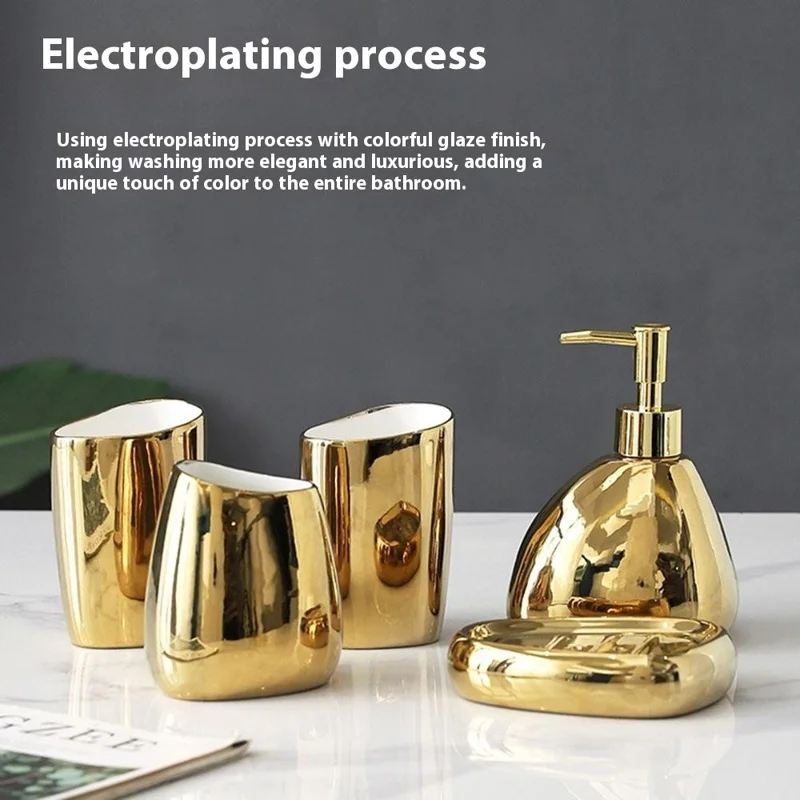 4Pcs / Set Ceramic Bathroom Accessories Toothbrush Holder Lotion Dispenser Bottle Rinsing Cup Soap Dish - Gold