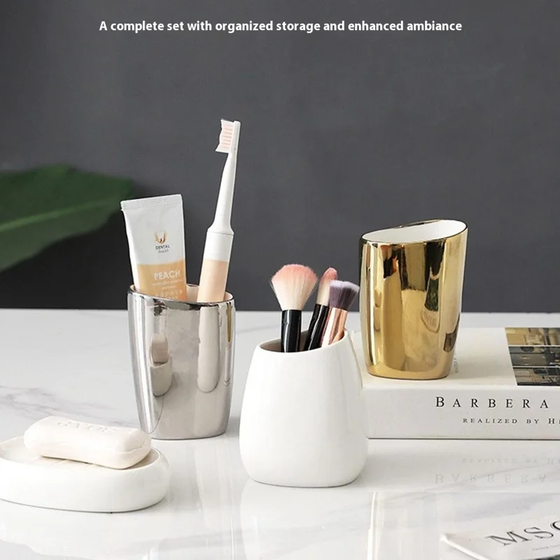 4Pcs / Set Ceramic Bathroom Accessories Toothbrush Holder Lotion Dispenser Bottle Rinsing Cup Soap Dish - Gold