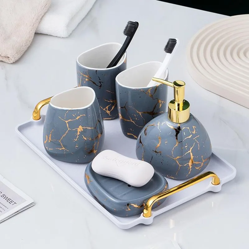 5-teiliges Keramik Badezimmer Zubehör Set - Zahnbürstenhalter, Lotionsflasche, Zahnputzbecher, Seifenschale - Grün