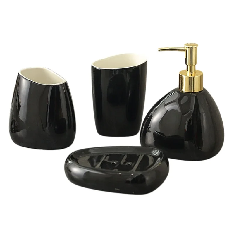 4Pcs / Set Ceramic Bathroom Accessories Toothbrush Holder Lotion Dispenser Bottle Rinsing Cup Soap Dish - Black