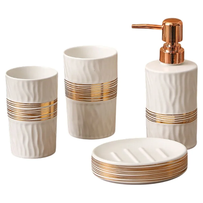 4Pcs / Set Luxury Bathroom Accessories Ceramic Toothbrush Holder Rinsing Cup Soap Dish Lotion Dispenser - White