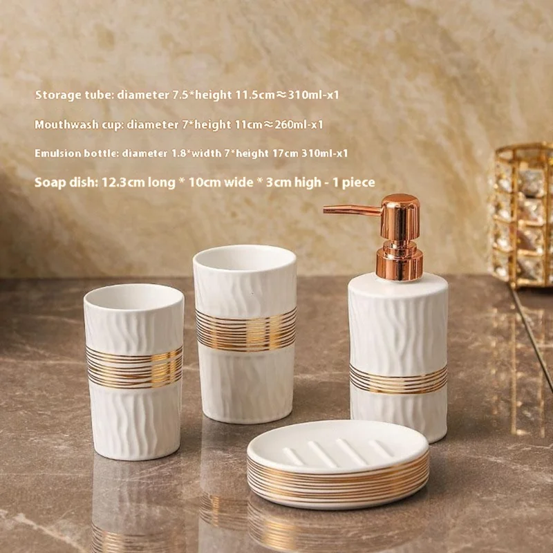 4Pcs / Set Luxury Bathroom Accessories Ceramic Toothbrush Holder Rinsing Cup Soap Dish Lotion Dispenser - White