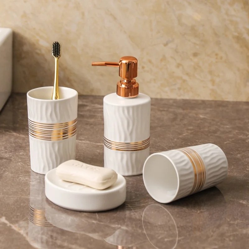 4Pcs / Set Luxury Bathroom Accessories Ceramic Toothbrush Holder Rinsing Cup Soap Dish Lotion Dispenser - White