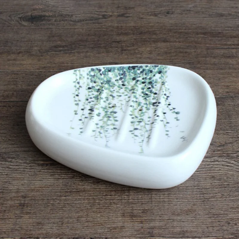 5 pièces / Ensemble Accessoires de salle de bain avec motif de plante verte Porte-brosse à dents en céramique Tasse de rinçage Porte-savon Distributeur de lotion - Style A