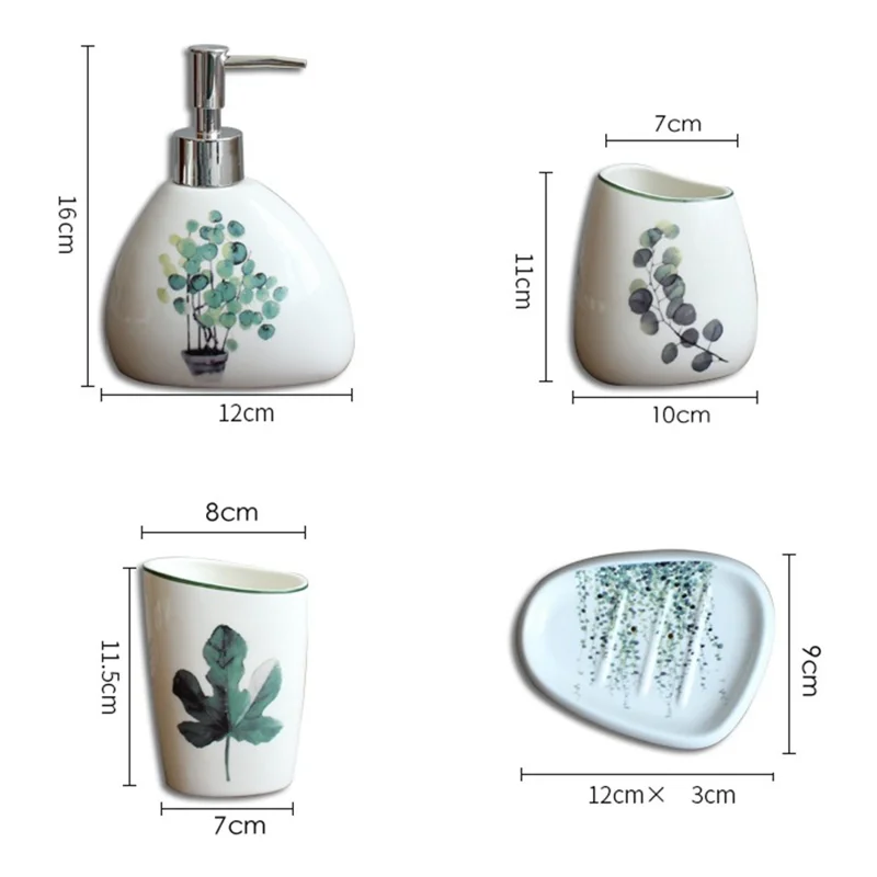 5 pièces / Ensemble Accessoires de salle de bain avec motif de plante verte Porte-brosse à dents en céramique Tasse de rinçage Porte-savon Distributeur de lotion - Style A