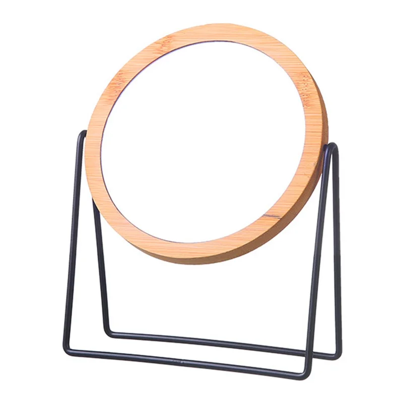 Bamboo Frame Double Sided Vanity Mirror with Metal Stand Rotating Makeup Mirror Gift for Dressing Table - Round