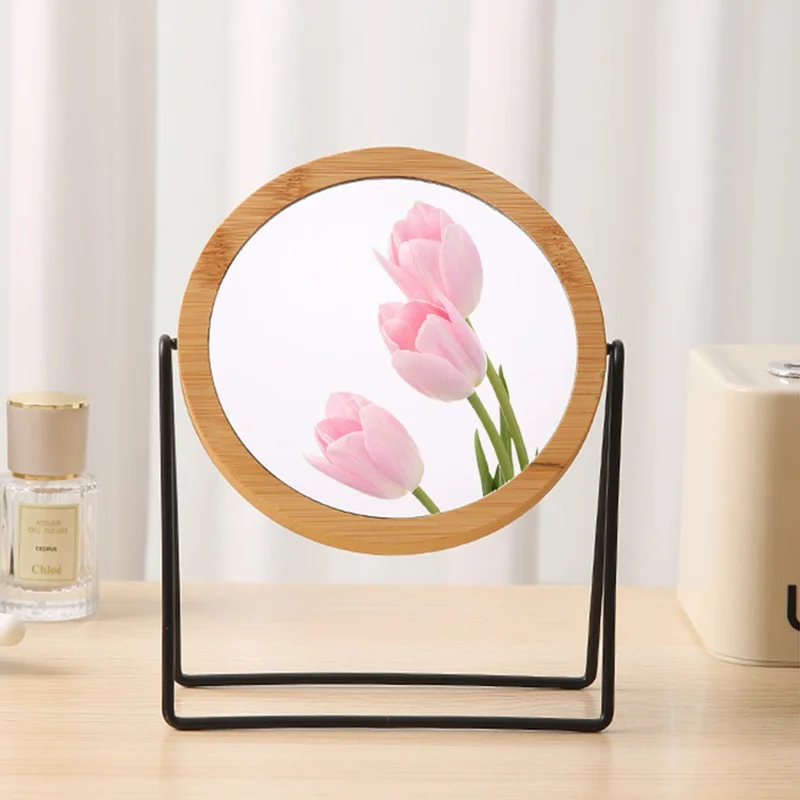 Bamboo Frame Double Sided Vanity Mirror with Metal Stand Rotating Makeup Mirror Gift for Dressing Table - Round