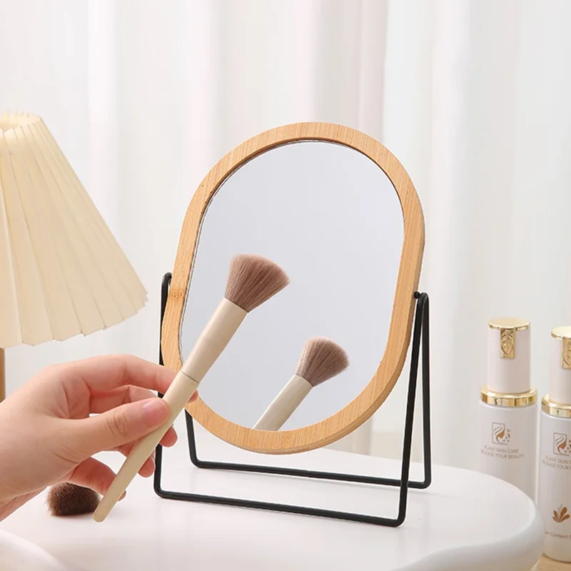 Bamboo Frame Double Sided Vanity Mirror with Metal Stand Rotating Makeup Mirror Gift for Dressing Table - Round