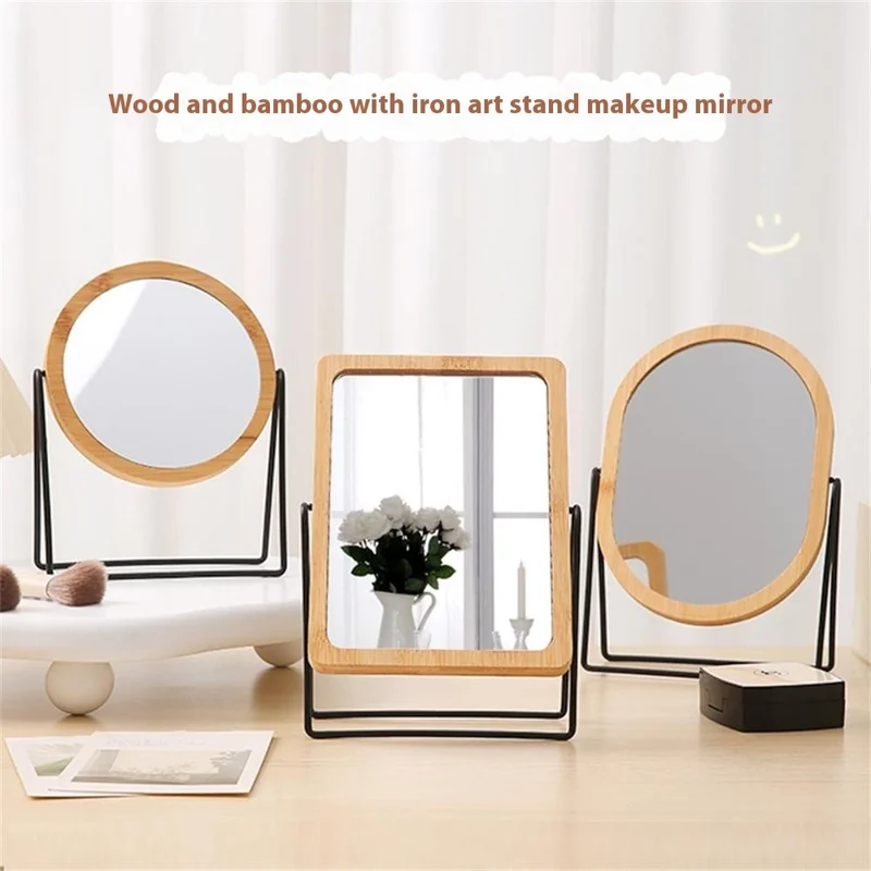 Bamboo Frame Double Sided Vanity Mirror with Metal Stand Rotating Makeup Mirror Gift for Dressing Table - Round