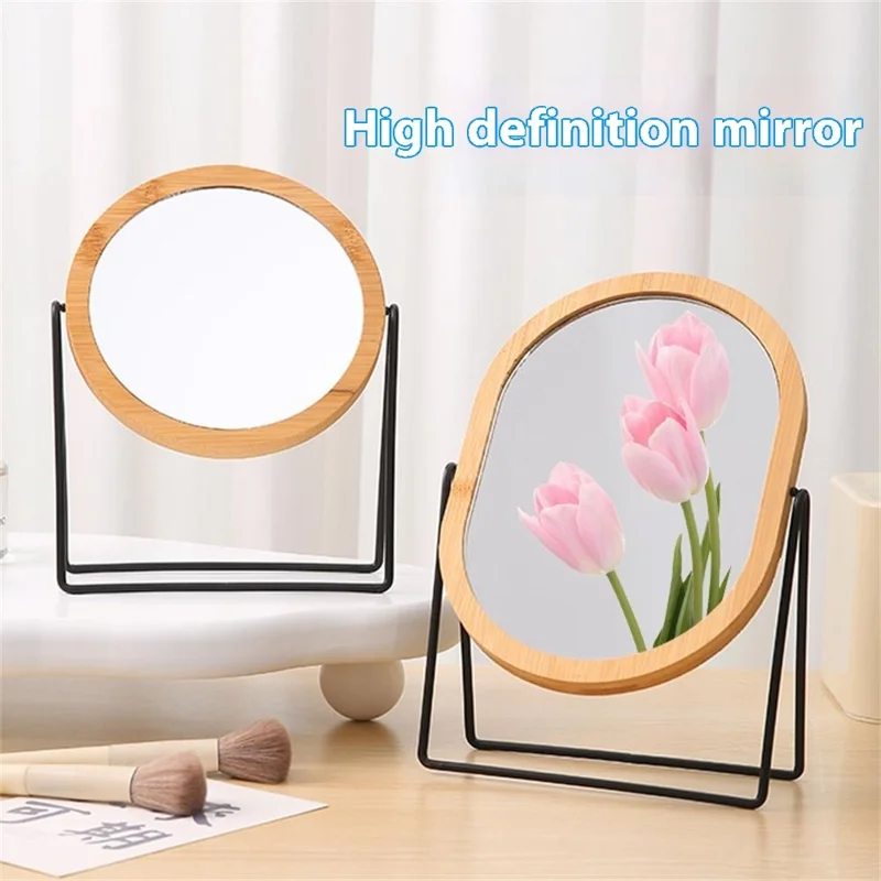 Bamboo Frame Double Sided Vanity Mirror with Metal Stand Rotating Makeup Mirror Gift for Dressing Table - Round