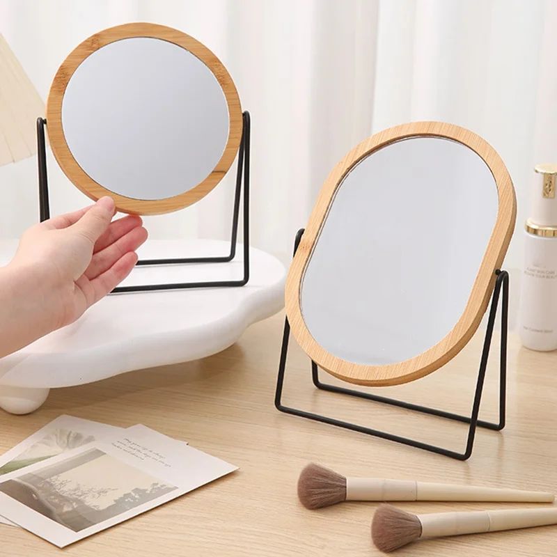Bamboo Frame Double Sided Vanity Mirror with Metal Stand Rotating Makeup Mirror Gift for Dressing Table - Round