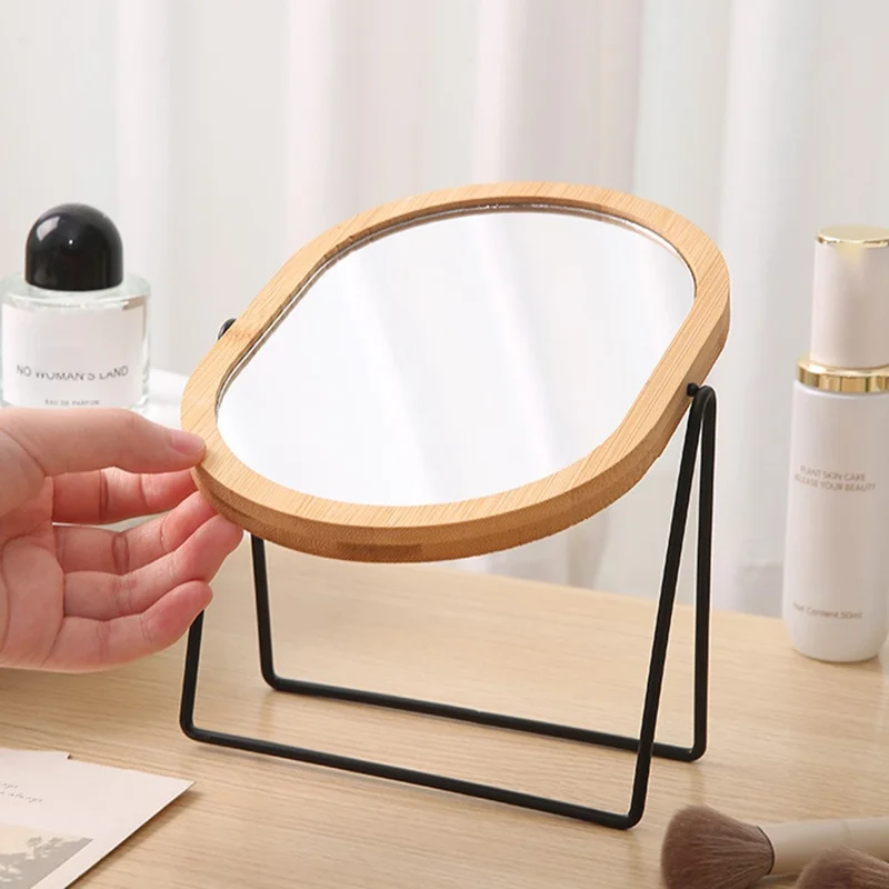 Bamboo Frame Double Sided Vanity Mirror with Metal Stand Rotating Makeup Mirror Gift for Dressing Table - Round