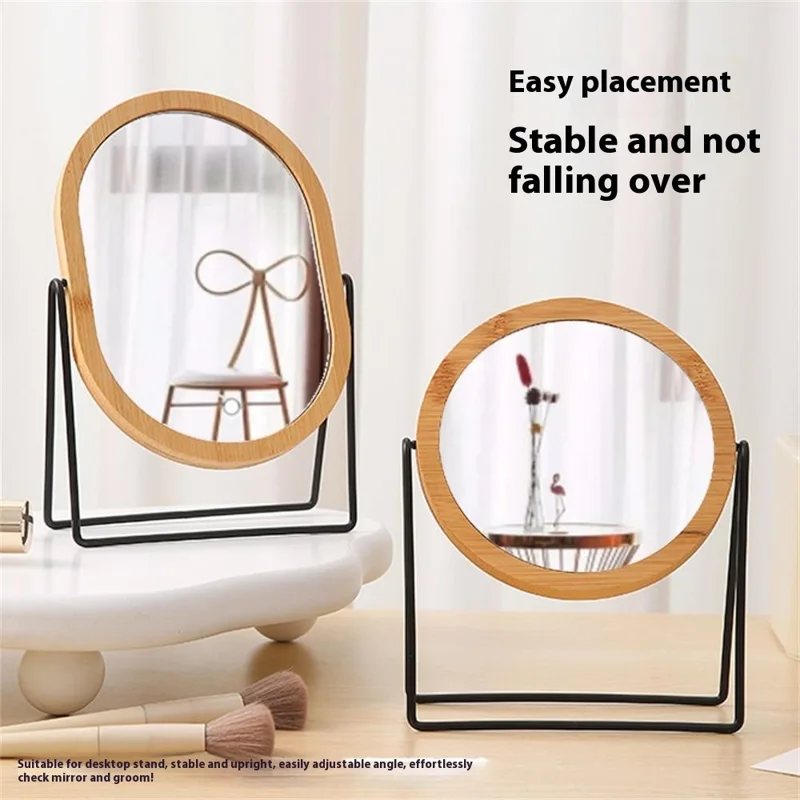 Bamboo Frame Double Sided Vanity Mirror with Metal Stand Rotating Makeup Mirror Gift for Dressing Table - Round