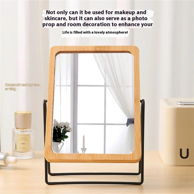 Bamboo Frame Double Sided Vanity Mirror with Metal Stand Rotating Makeup Mirror Gift for Dressing Table - Round