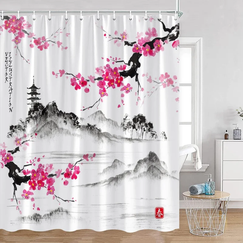Cortina de chuveiro de 180 x 180 cm com estampa de flor de cerejeira rosa, à prova d'água, em poliéster, divisória de banheiro, decoração de banheiro