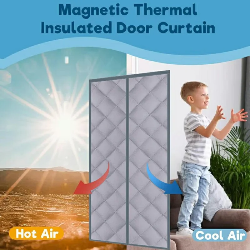 Cortina Magnética de Porta 90 x 200cm à Prova de Vento com Fechamento Automático, Abertura Central, Isolamento Térmico para Inverno - Cinza