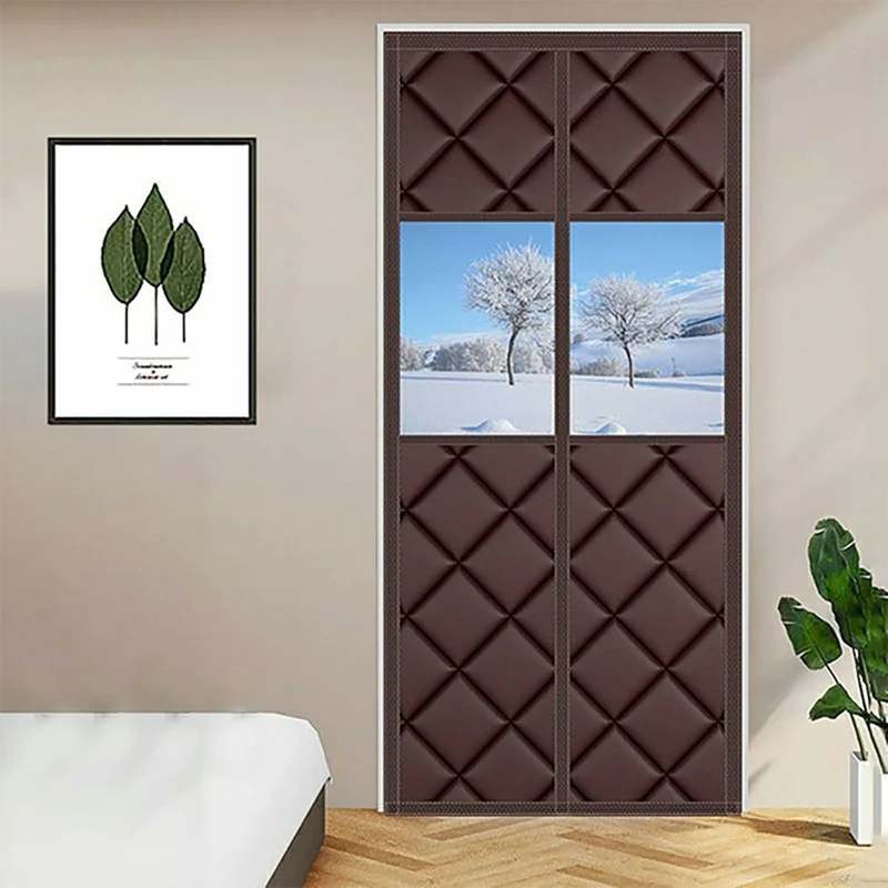 90 x 200cm Magnetic Door Curtain with View Window Self Adhesive Thermal Insulation Doorway Screen for Winter - Coffee