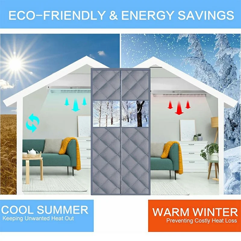 90 x 200cm Magnetic Door Curtain with View Window Self Adhesive Thermal Insulation Doorway Screen for Winter - Coffee