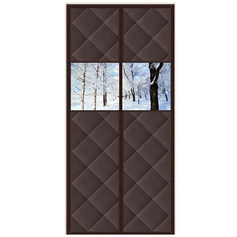 100 x 210cm Magnetic Door Curtain with View Window Self Adhesive Thermal Insulation Doorway Screen for Winter - Coffee