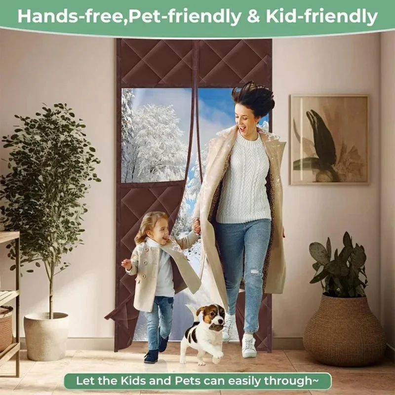 100 x 210cm Magnetic Door Curtain with View Window Self Adhesive Thermal Insulation Doorway Screen for Winter - Coffee