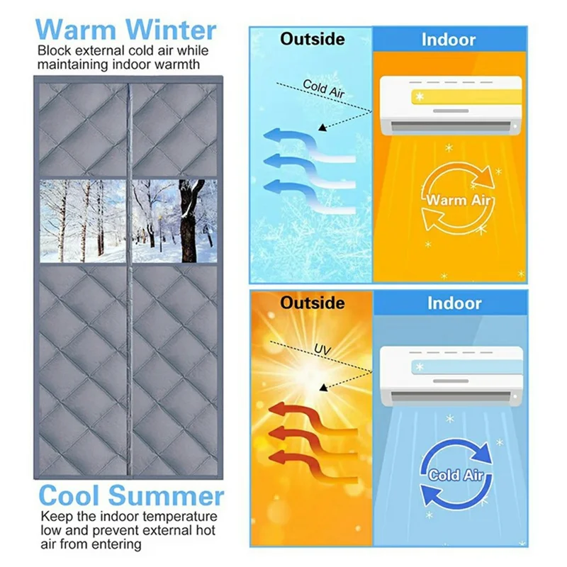 100 x 210cm Magnetic Door Curtain with View Window Self Adhesive Thermal Insulation Doorway Screen for Winter - Coffee