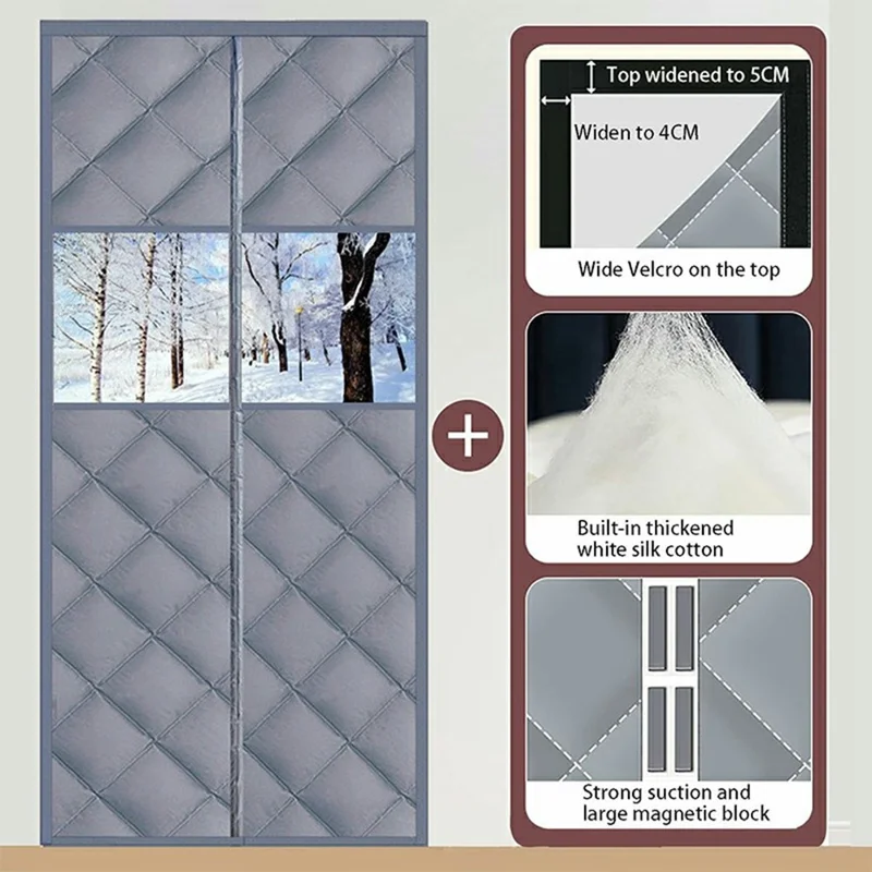 100 x 210cm Magnetic Door Curtain with View Window Self Adhesive Thermal Insulation Doorway Screen for Winter - Coffee