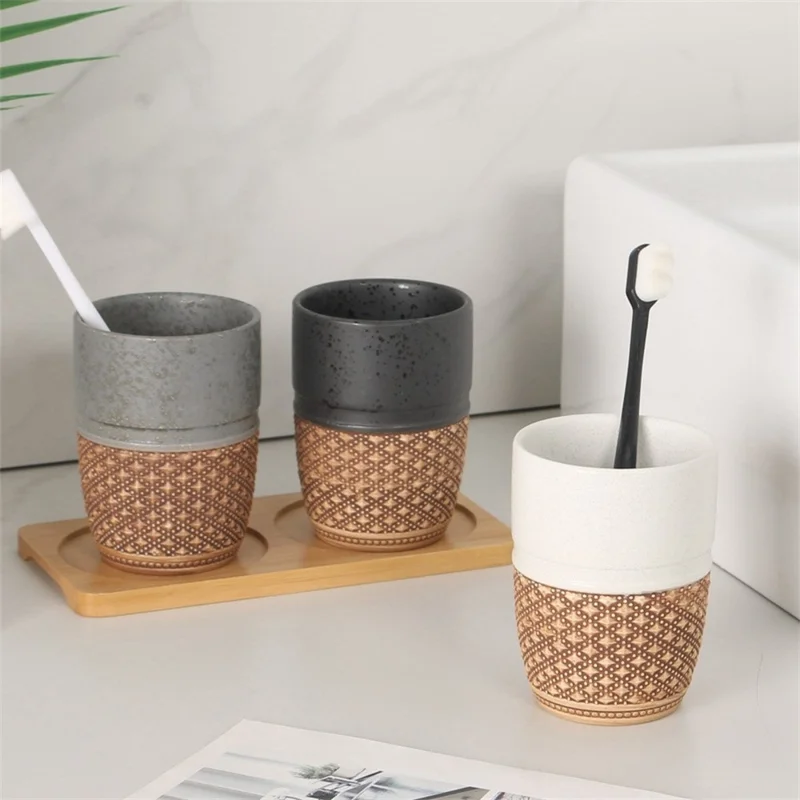 Tazza portaspazzolini in ceramica goffrata 300ML per bagno, con bicchiere per collutorio per casa, hotel e pensione - Grigio