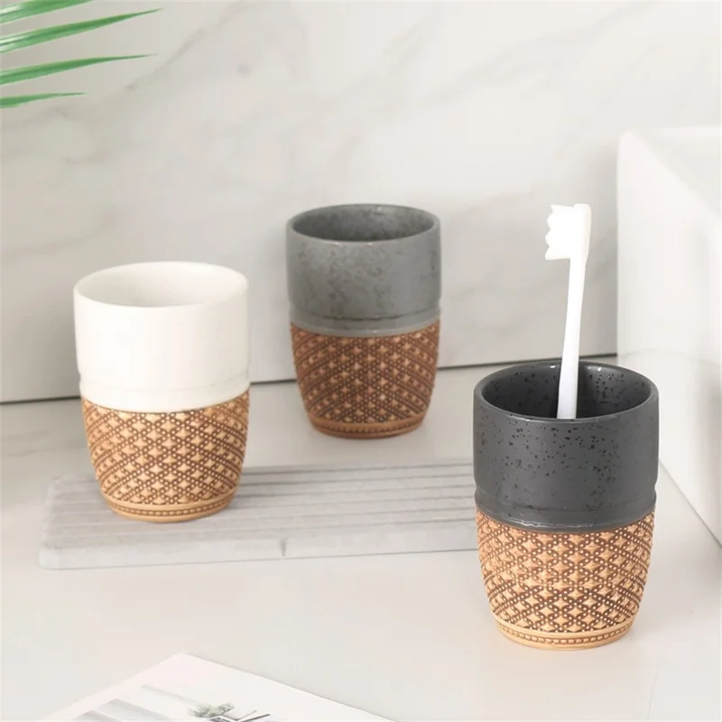 Tazza portaspazzolini in ceramica goffrata 300ML per bagno, con bicchiere per collutorio per casa, hotel e pensione - Grigio