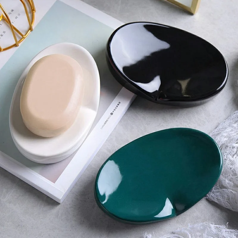 Ceramic Soap Dish Creative Minimalist Soap Holder Bathroom Countertop Draining Soap Tray - Black