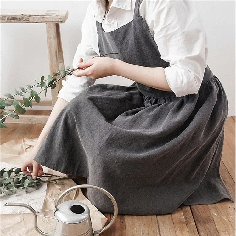 Cotton and Linen Apron Coffee Shop Art Studio Apron for Teen Girls Women Kindergarten Teacher - Grey