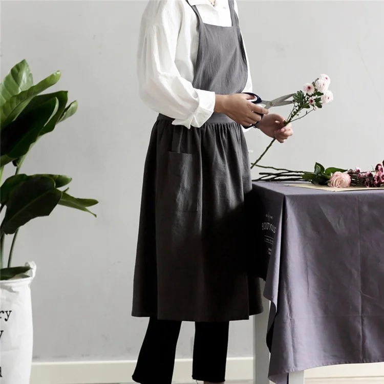 Cotton and Linen Apron Coffee Shop Art Studio Apron for Teen Girls Women Kindergarten Teacher - Grey