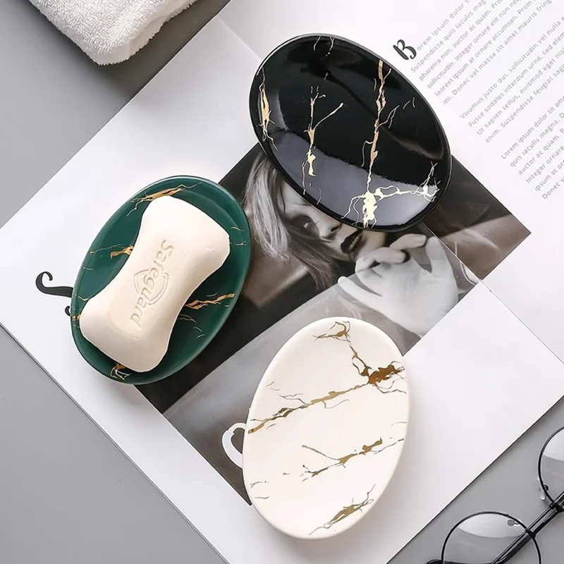Ceramic Marble Pattern Soap Dish Non-Slip Soap Holder Elegant Bathroom Accessory - Blackish Green