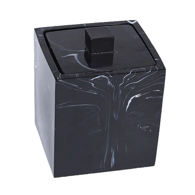 Marble Pattern Resin Cotton Swab Holder Toothpick Container Bathroom Cosmetic Cotton Decorative Storage Box - Black