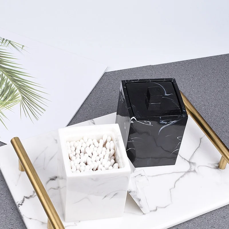 Marble Pattern Resin Cotton Swab Holder Toothpick Container Bathroom Cosmetic Cotton Decorative Storage Box - Black