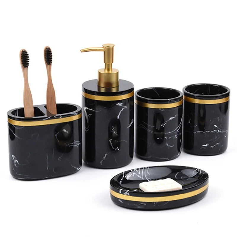 Conjunto de Acessórios para Banheiro em Resina 5 Peças Padrão Mármore Organizador de Artigos de Higiene para Hotel / Casa - Preto