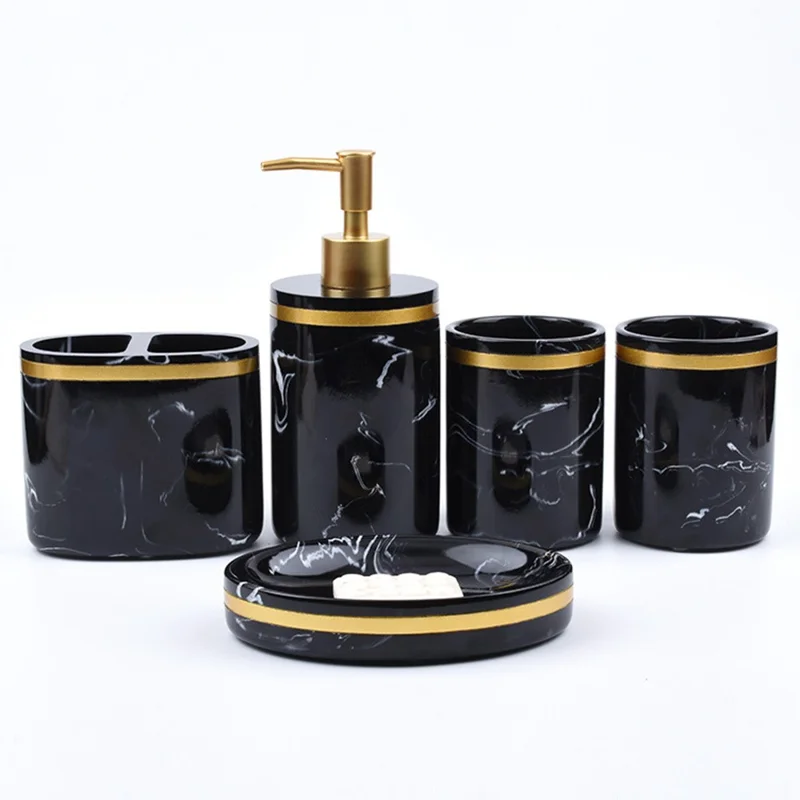 Conjunto de Acessórios para Banheiro em Resina 5 Peças Padrão Mármore Organizador de Artigos de Higiene para Hotel / Casa - Preto