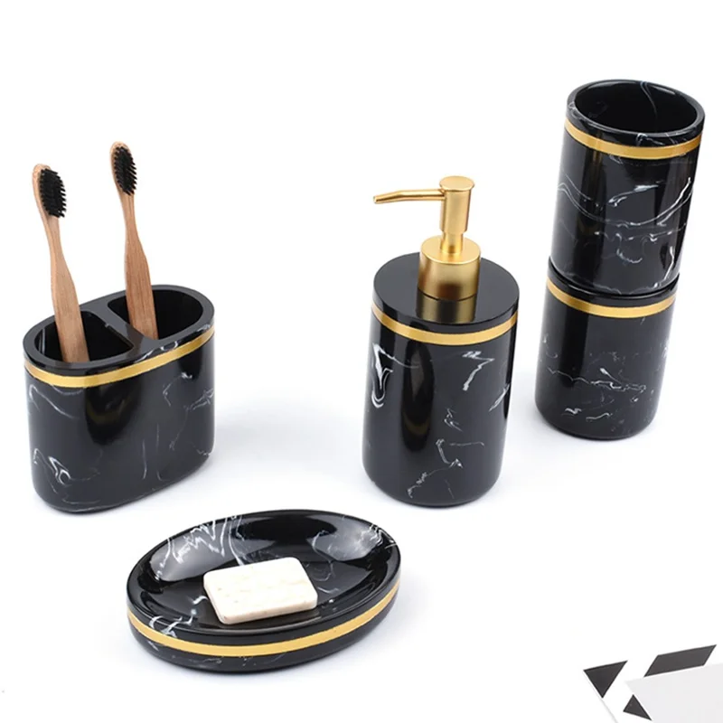 Conjunto de Acessórios para Banheiro em Resina 5 Peças Padrão Mármore Organizador de Artigos de Higiene para Hotel / Casa - Preto