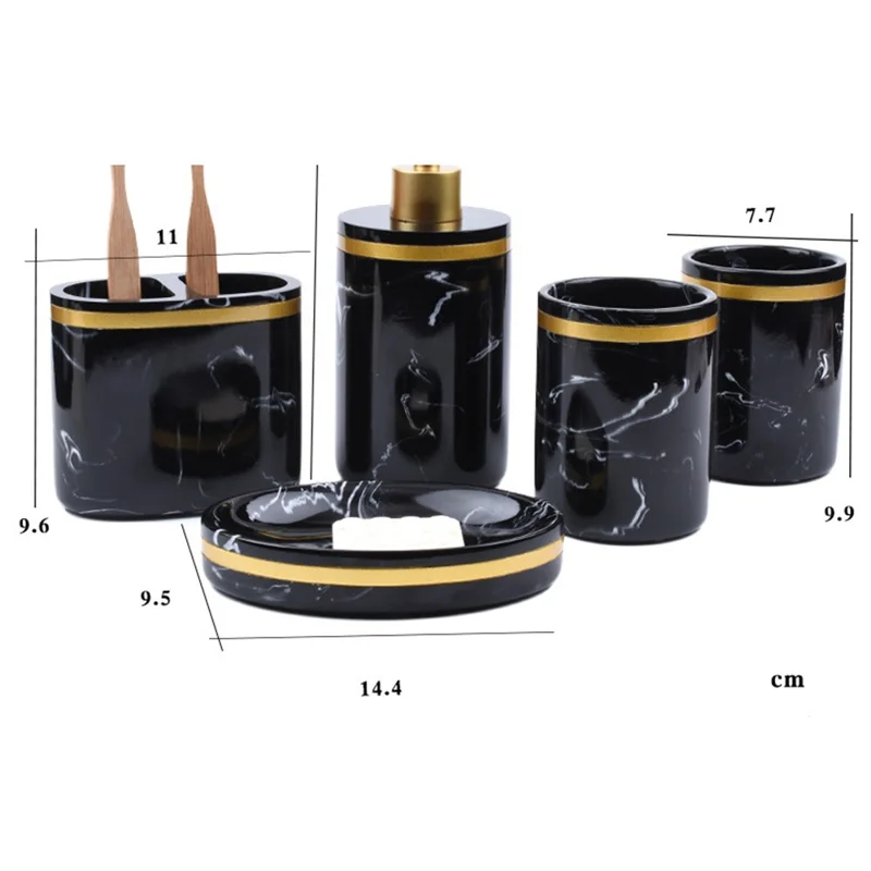 Conjunto de Acessórios para Banheiro em Resina 5 Peças Padrão Mármore Organizador de Artigos de Higiene para Hotel / Casa - Preto
