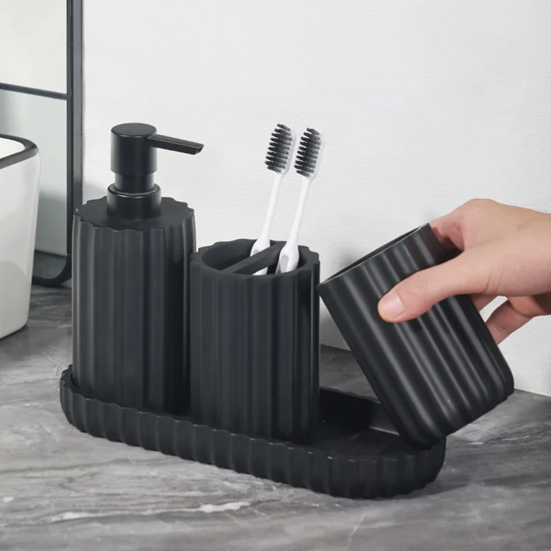 4-Piece Resin Hotel Toiletry Set Bathroom Accessories with Toothbrush Holder / Mouthwash Cup / Soap Dispenser / Storage Tray - Black