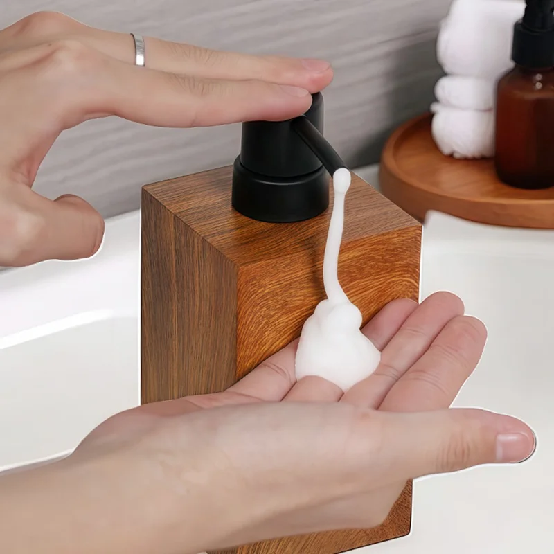 Bottiglia Dispenser in Resina da 400ml con Texture in Legno di Noce per Shampoo, Bagnoschiuma e Sapone Liquido, con Erogatore Schiumogeno