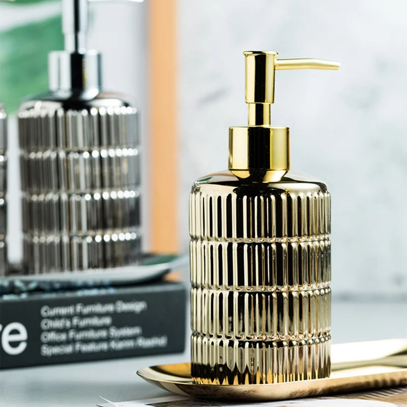 Dispensador de Sabonete Cerâmico de Luxo Recarregável para Banheiro - Sabonete Líquido, Shampoo, Gel de Banho, Loção - Dourado