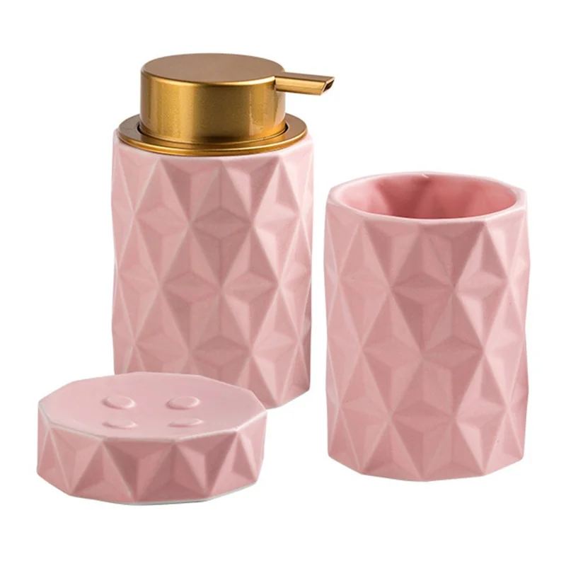 Ensemble de 3 pièces / Set d'accessoires de salle de bain en céramique de style nordique pour hôtel et maison - Distributeur de savon, Gobelet à rincer, Porte-savon - Rose