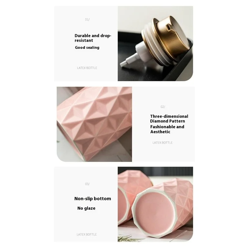 Ensemble de 3 pièces / Set d'accessoires de salle de bain en céramique de style nordique pour hôtel et maison - Distributeur de savon, Gobelet à rincer, Porte-savon - Rose