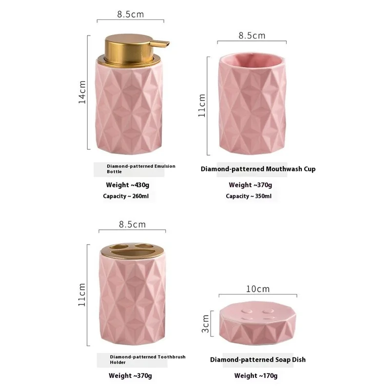 Ensemble de 3 pièces / Set d'accessoires de salle de bain en céramique de style nordique pour hôtel et maison - Distributeur de savon, Gobelet à rincer, Porte-savon - Rose
