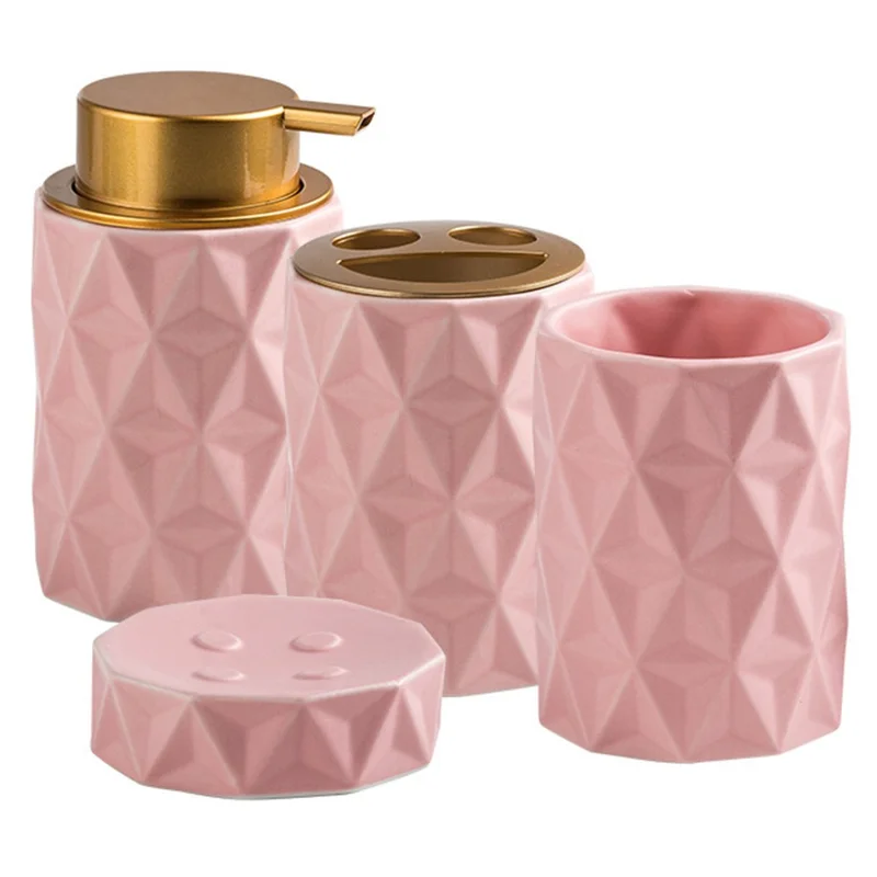 Set da 4 Pezzi di Accessori da Bagno in Ceramica Stile Nordico - Dispenser di Sapone, Porta Spazzolino, Porta Collutorio, Portasapone - Rosa