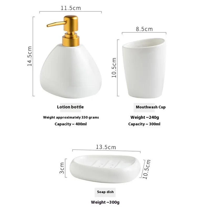 Minimalist Ceramic Bathroom Lotion Dispenser Bottle + Mouthwash Cup + Soap Dish
