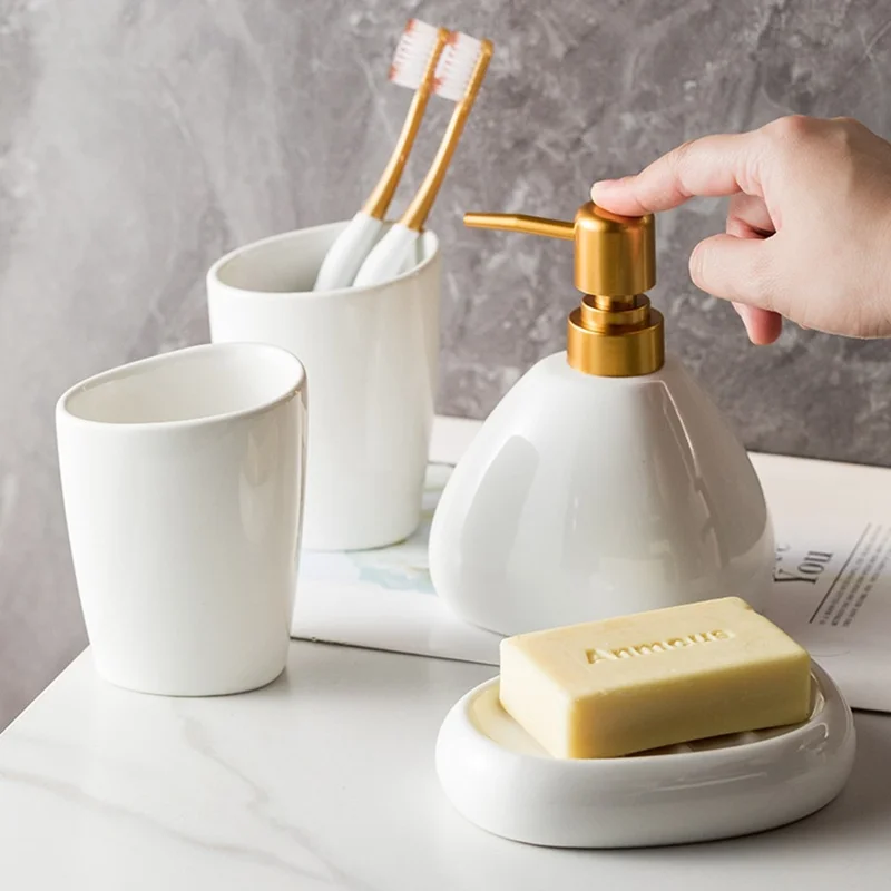 Minimalist Ceramic Bathroom Lotion Dispenser Bottle + Mouthwash Cup + Soap Dish